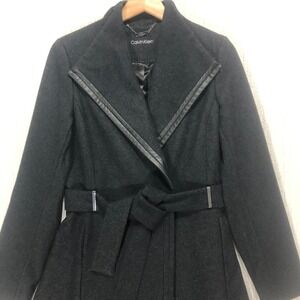 Calvin Klein Women's Belted Wool Blend Coat Black Asymmetrical Collar Size 6